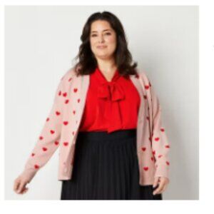 Abbott Elementary Womens Plus V Neck Long Sleeve Hearts Cardigan  2x|Light Pink